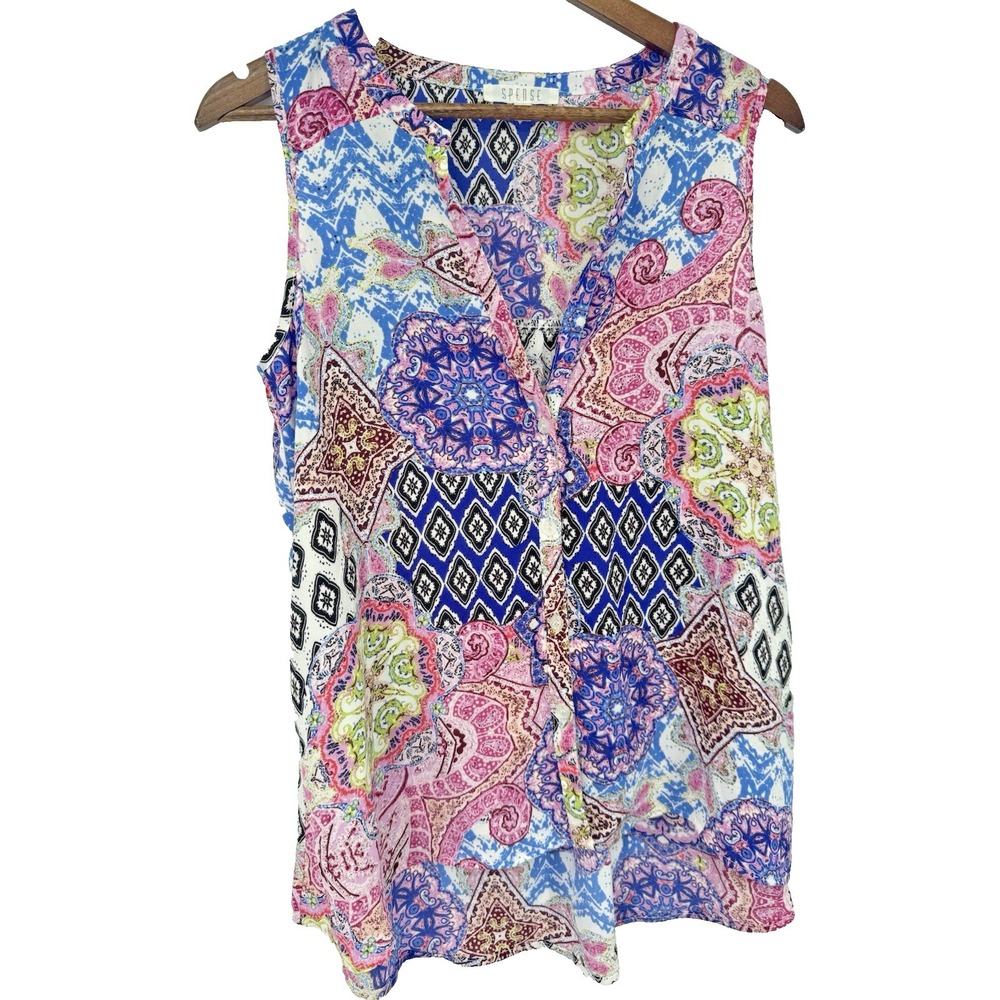 Spense Button Front Sleeveless Colorful Tunic Top Patchwork Festival‎ boho fairy